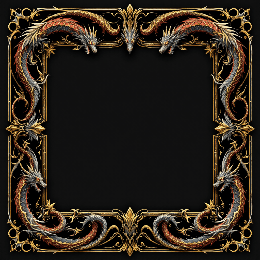 AI generated: A decorative border design featuring intricate, stylized dragons in an epic fantasy style. The drago...