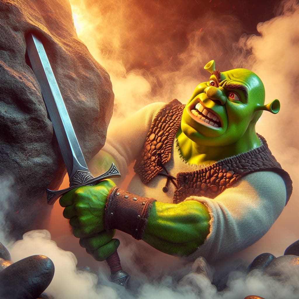 AI generated: Shrek trying very hard to lift the sword stuck in the rock, smoke, extreme