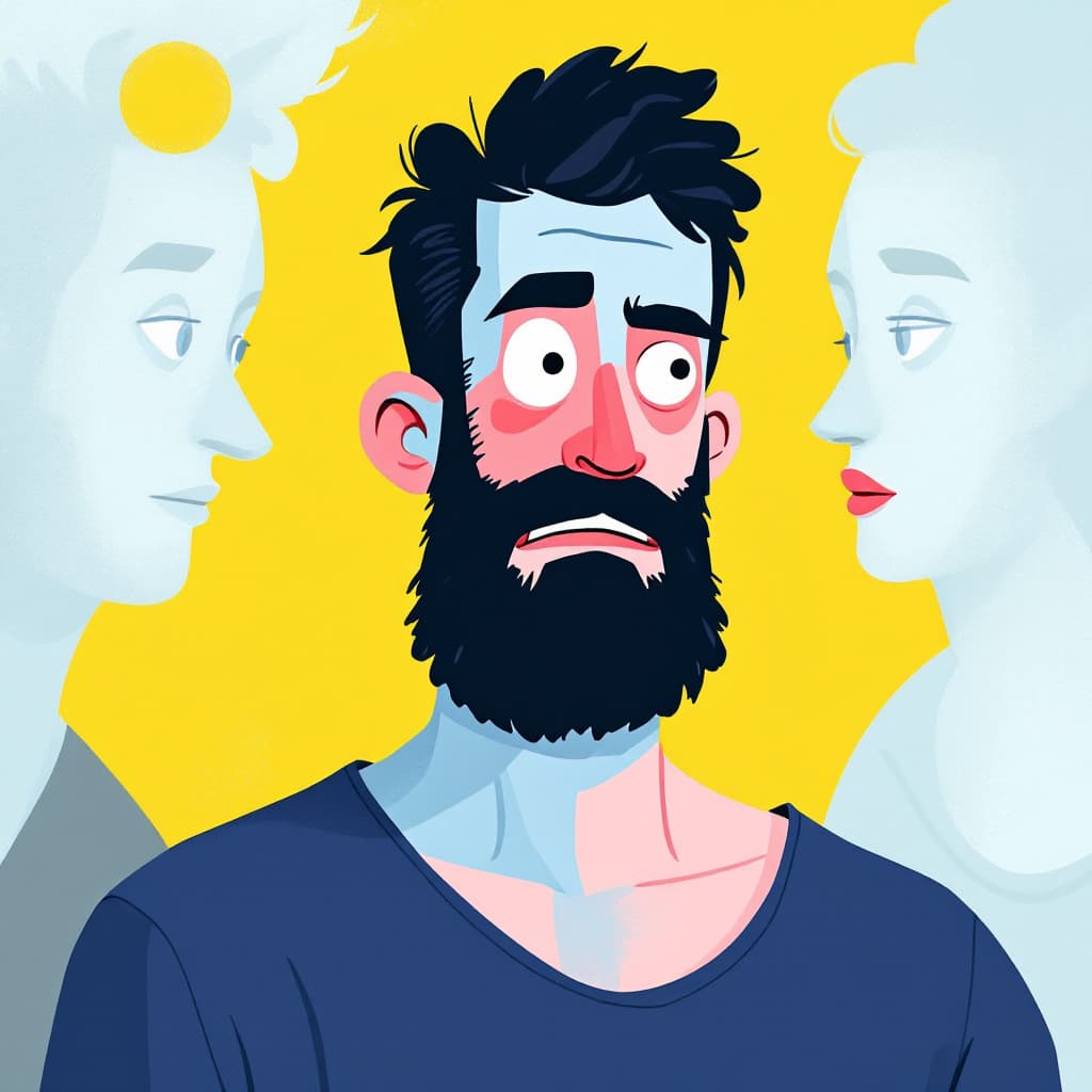 AI generated: illustration art, series of colorful illustrations, man, exaggerated features, characters are set ag...