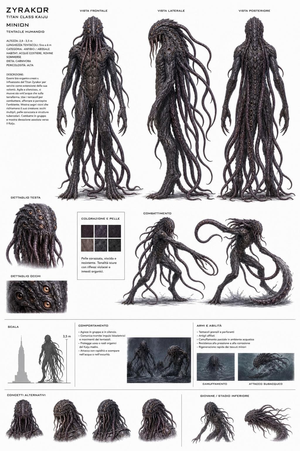 AI generated: create charachter sheet of minion of this kajiu,   humanoid in shape with tentacles