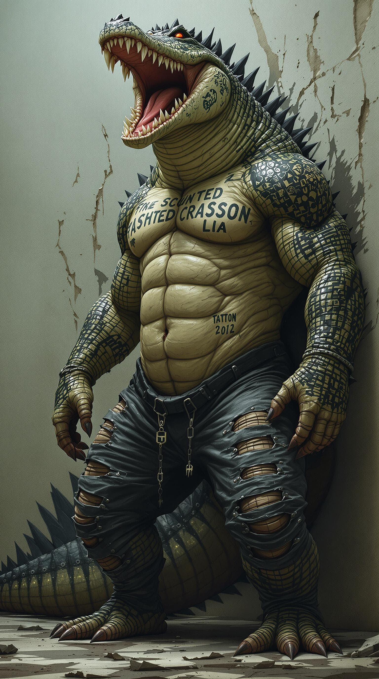 AI generated: A monstrous crocodile standing upright like a humanoid, its muscular body covered in prison tattoos,...