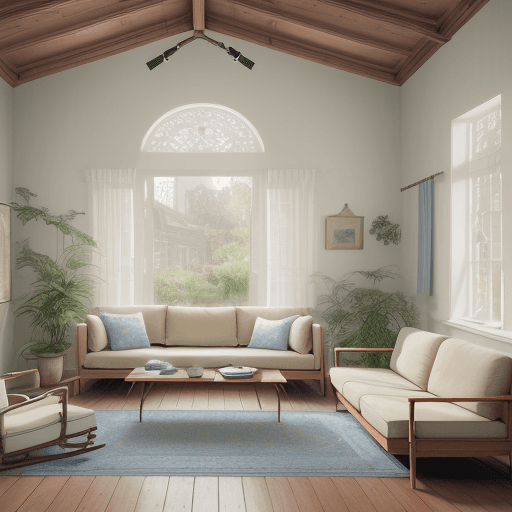 AI generated: A handsome boy, dreamy sunken living room conversation pit, wooden floor, small windows opening onto...