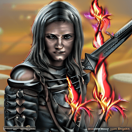 AI generated: Realistic women with black scary armor, Holding fire Sword,human face,long hair, perfectly detailed ...