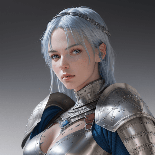 AI generated: photo-realistic portrait of a female in silver medieval armor, blue hair, attractive, looking at vie...