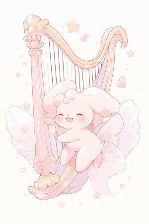AI generated: Soft fluffy light pink bunny playing a harp, with tiny sparkling wings and floppy ears, by Sparkle S...