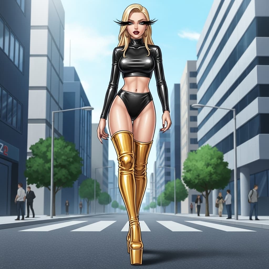 AI generated: Animated Manga, Comic book style, early 2000's. Flat line-art illustration of a blond woman with lon...