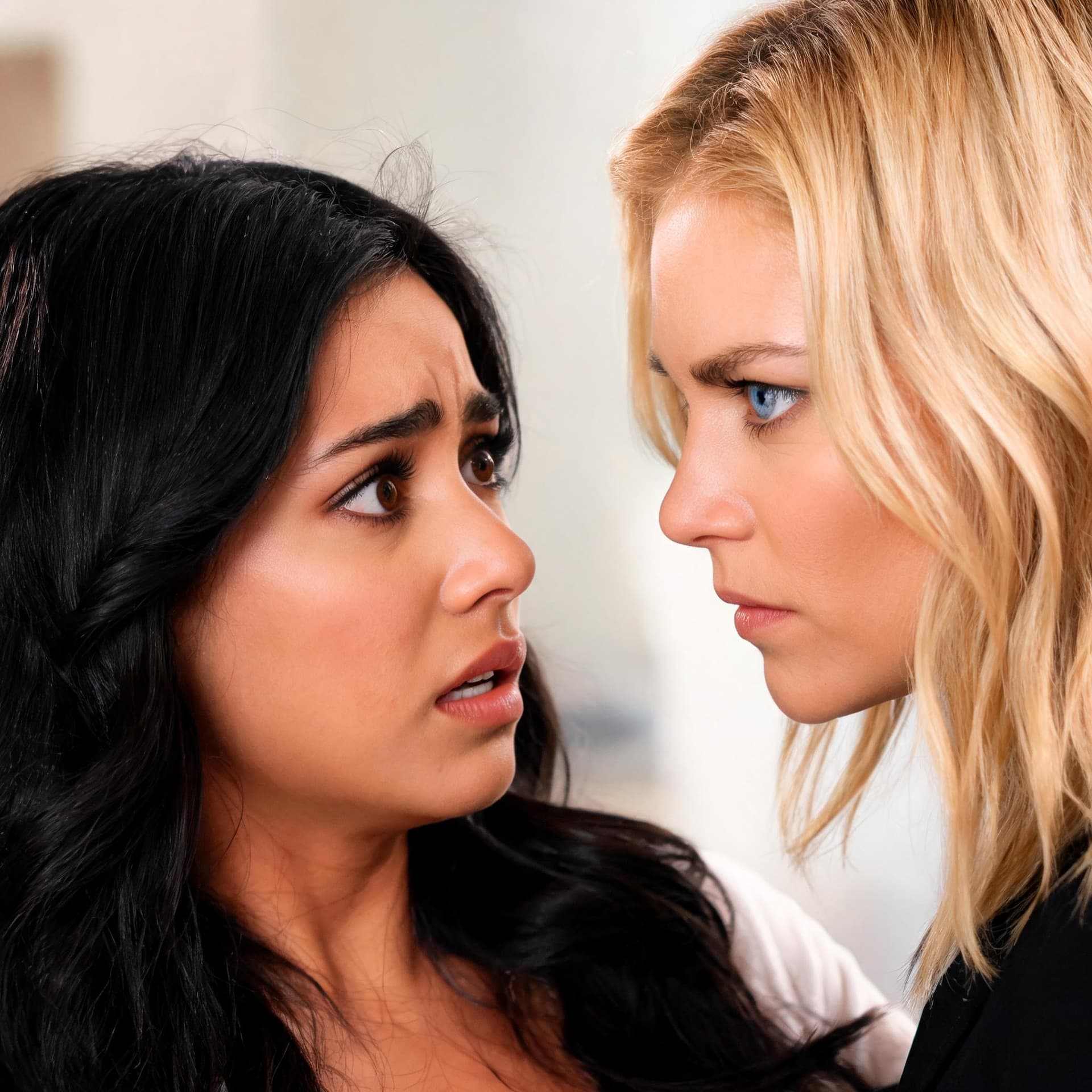 AI generated: a mexican raven haired beauty brown eyes looking at an american blue eyed blonde the blonde looks de...