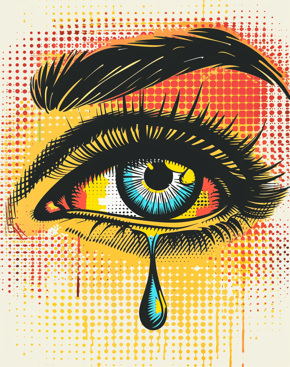 AI generated: A single clipart of a vintage comic book-style drawing showing a tear drop falling from an eye, addi...