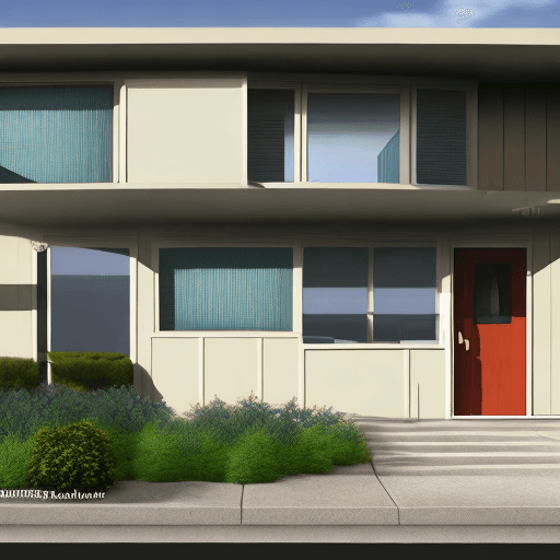 AI generated: Hyper realistic eye level exterior photo of a mid century modern style lady
