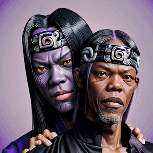 AI generated: Orochimaru from naruto with the face of Samuel L. Jackson smiling. Purple background