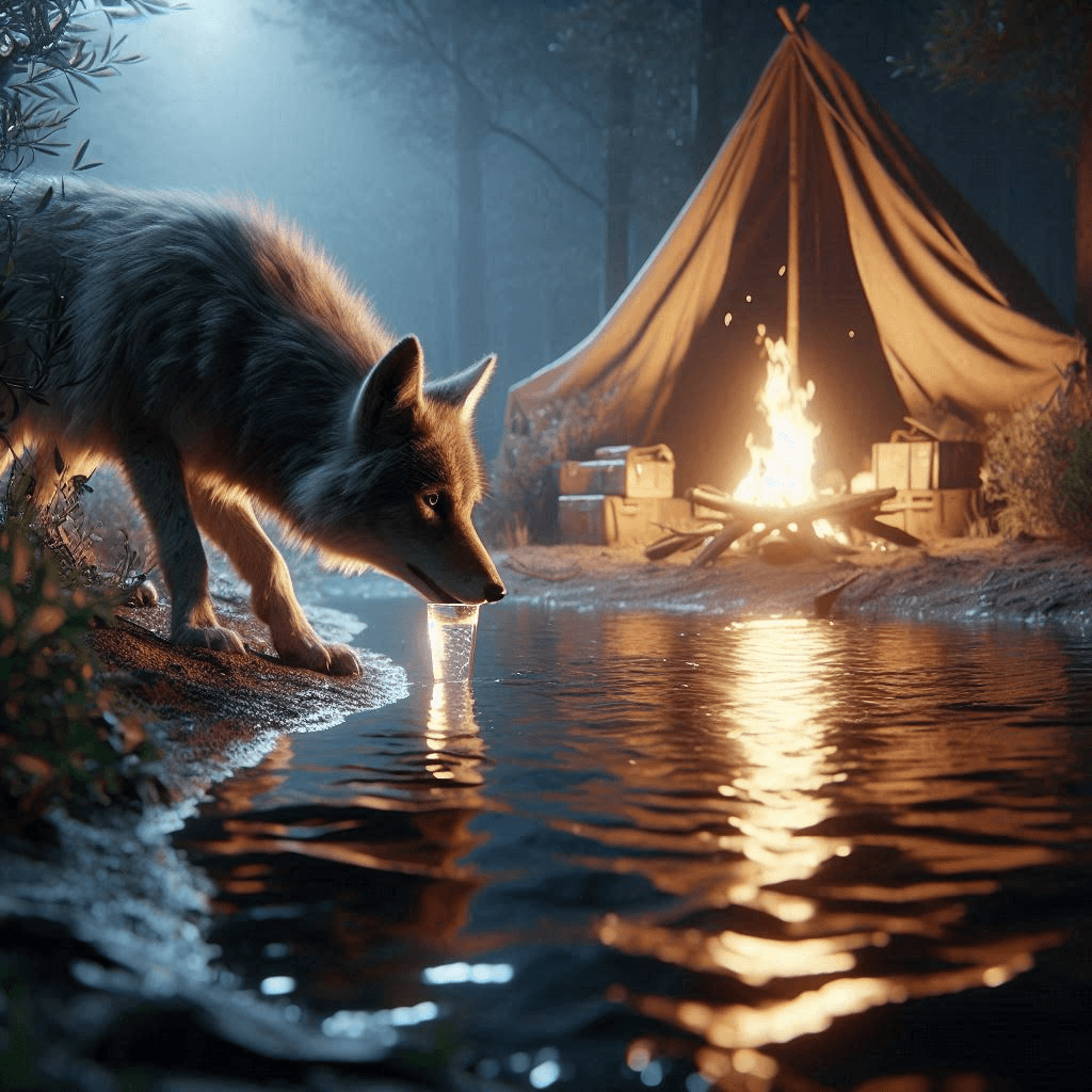 AI generated: Close-up professional cinematic 3D animation of a long-furred coyote crouching near the river’s edge...
