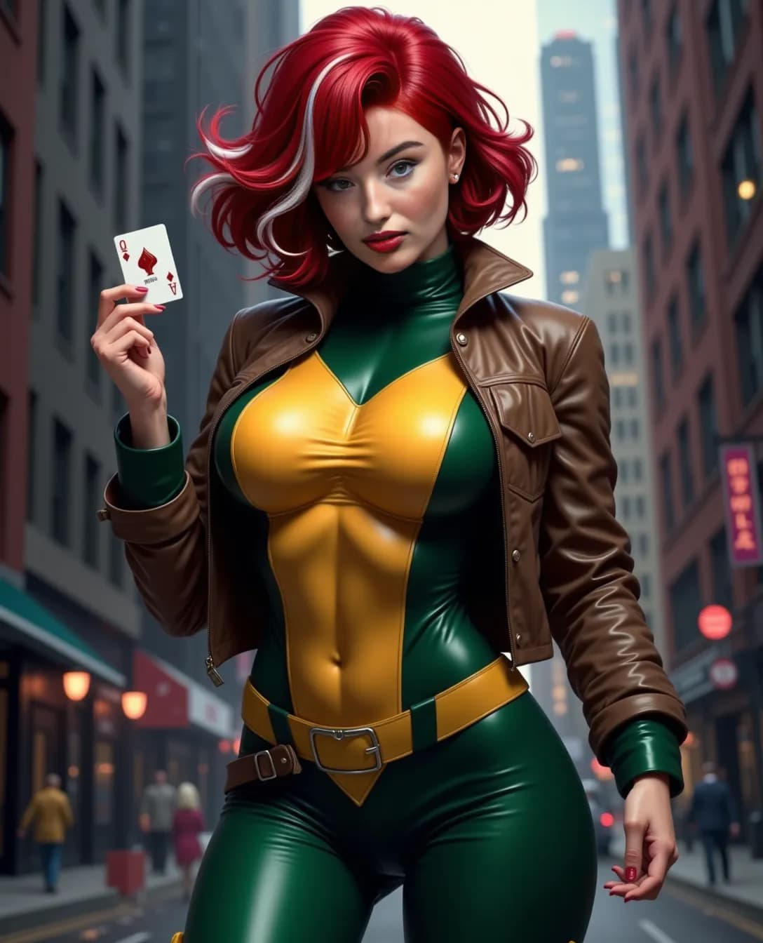 AI generated: Hyper-realistic, realism, photography, inspired by the X-Men's Rogue with short red hair with white ...