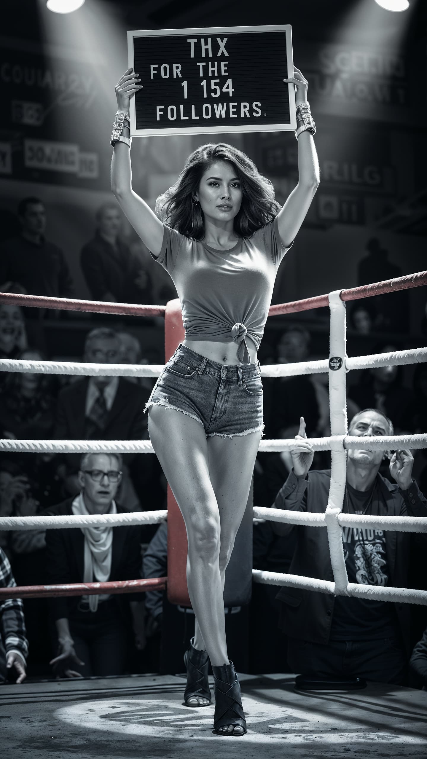 AI generated: A captivating cinematic image of a ring lady strutting confidently around the illuminated boxing rin...