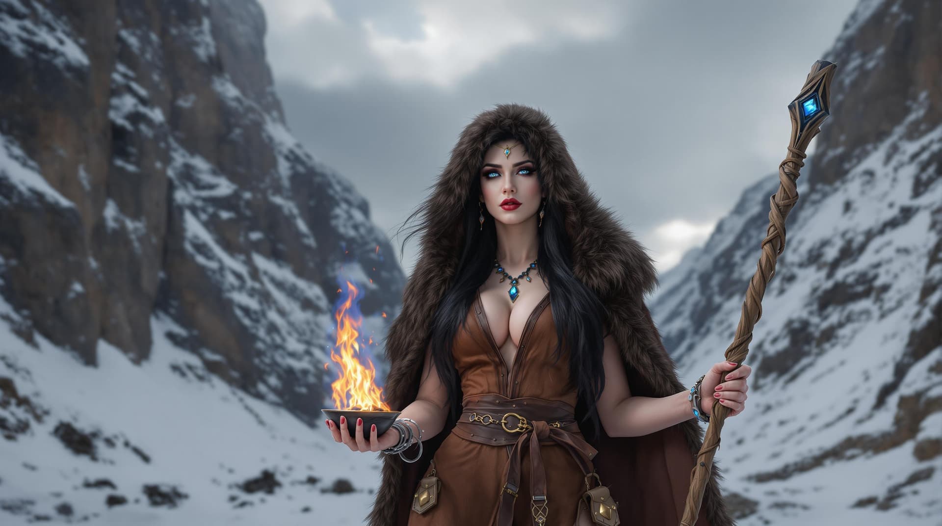 AI generated: a woman standing in a snowy mountainous landscape, dressed in a fur-lined hooded cloak and a brown l...