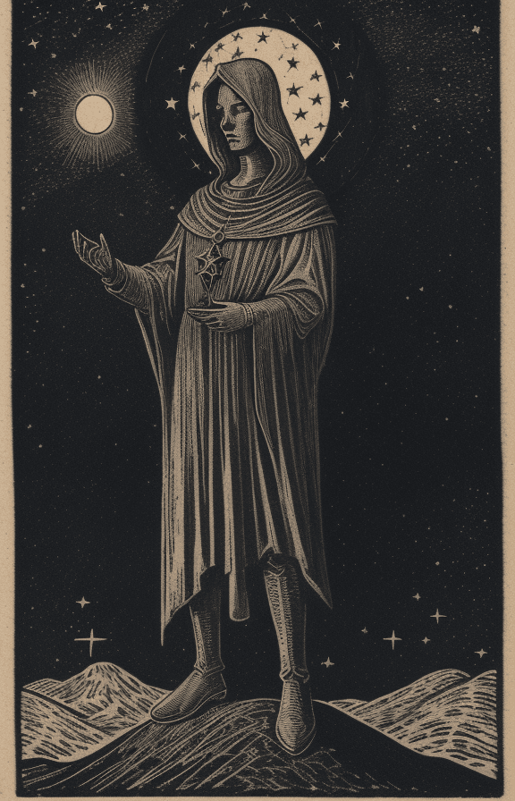 AI generated: A hollywood star standing on a hill, stars in sky, moon with face in sky, alchemical art, medieval w...