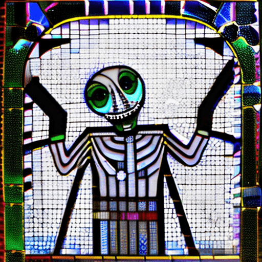 AI generated: stained glass art of Jack Skellington, mosaic-stained glass art, stained-glass illustration, close u...
