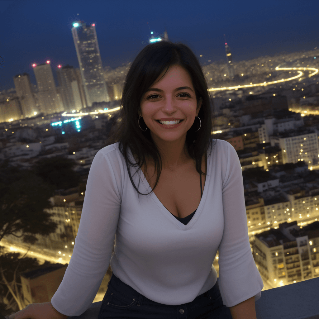 AI generated: woman, smiling, easy, night, lights, city
