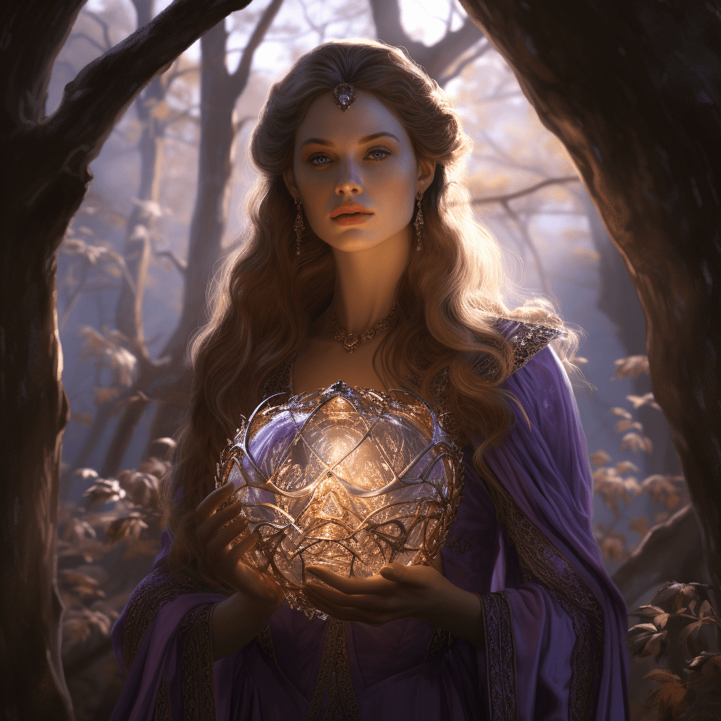 AI generated: A lady in ethereal and golden light standing in the woods, in the style of purple and aquamarine, hy...