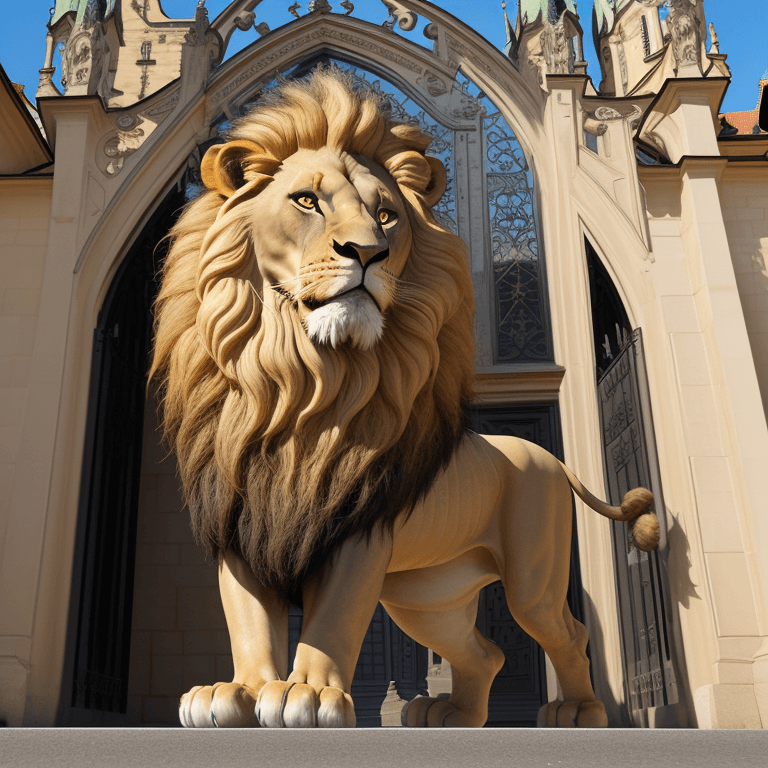 AI generated: Lion entering the main gate of Prague Castle view from the square in front of Prague castle