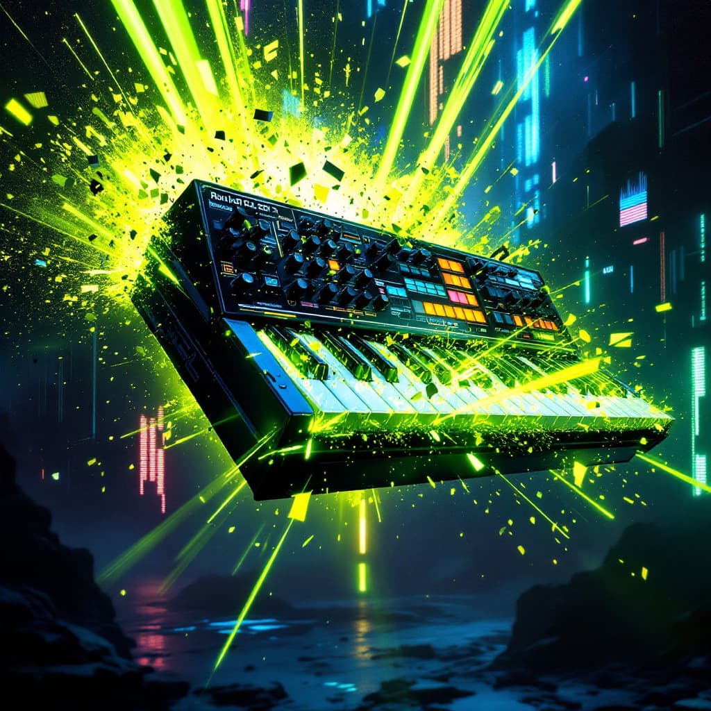 AI generated: A futuristic cybernetic landscape infused with an intense acid-techno aesthetic. At the center, a de...