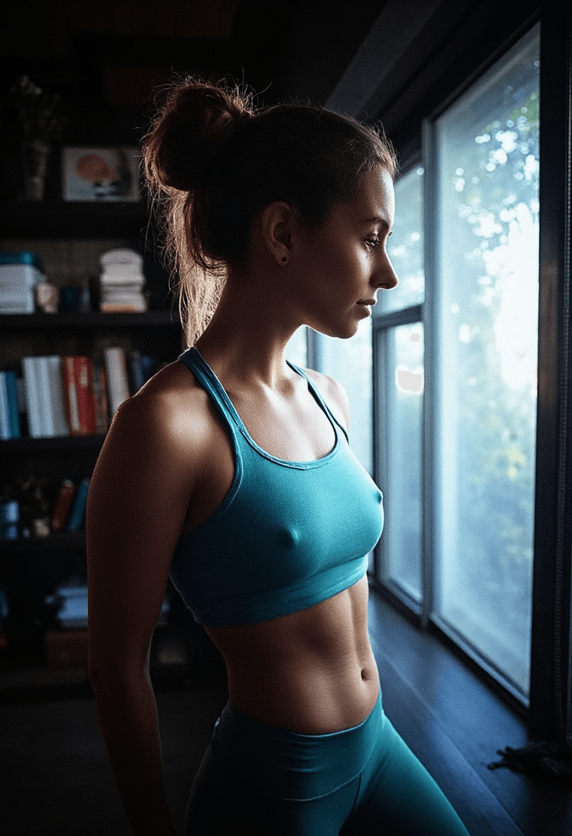AI generated: Create a photo-realistic depiction of a fit adult woman standing by a large window in a dimly lit ro...