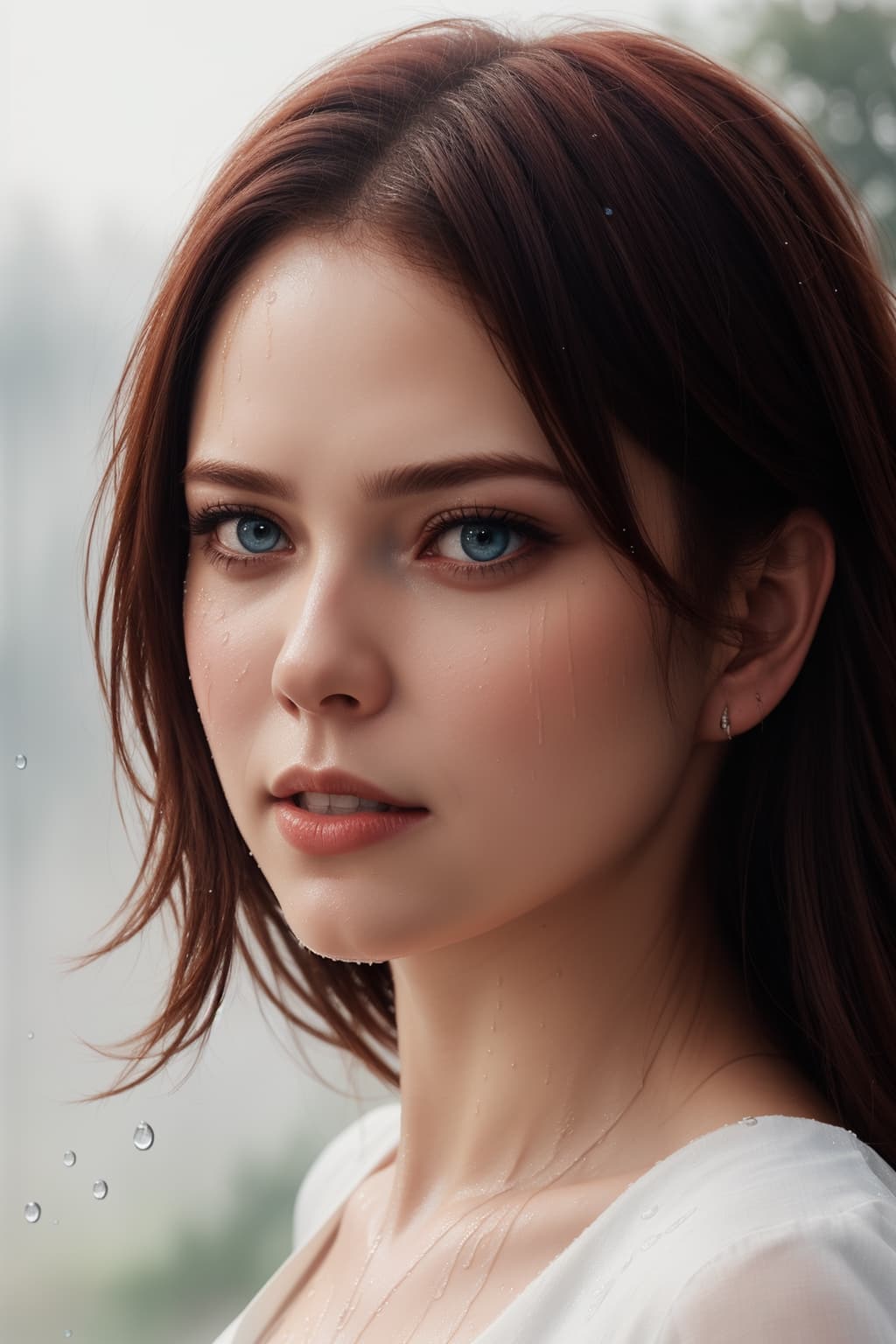 AI generated: A water color of close up model's face, Red hair and blue eyes, raindrops as foreground, a wet look,...
