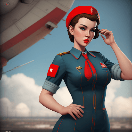 AI generated: USSR stewardess, pin-up, cinematic, hyper realism, high detail, octane render, 8k