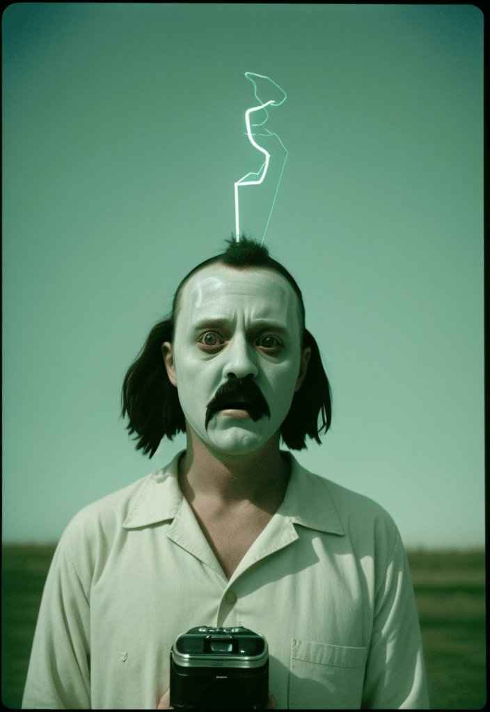 AI generated: bizarre absurdism, strange funny elements movie scene still, white light, expired film , 35 mm, Koda...