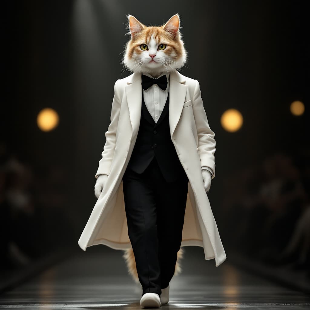 AI generated: A humanoid cat walks the runway wearing Dior fashion, a white coat and black trousers with a bow tie...