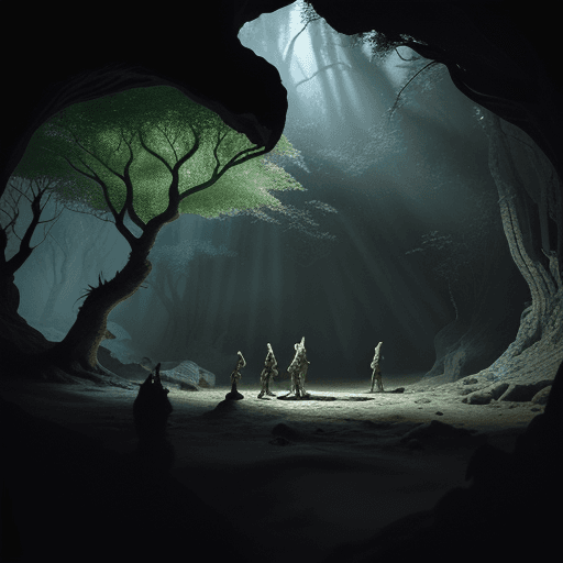 AI generated: Photo of a ultra realistic cave under a large knarled oak tree, cut-away showing above and below, go...