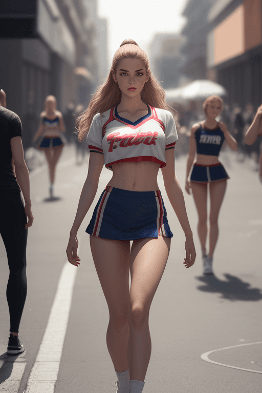 AI generated: flirting female standing on the street, cheerleader outfit, traffix, shirtlift, people walking in ba...