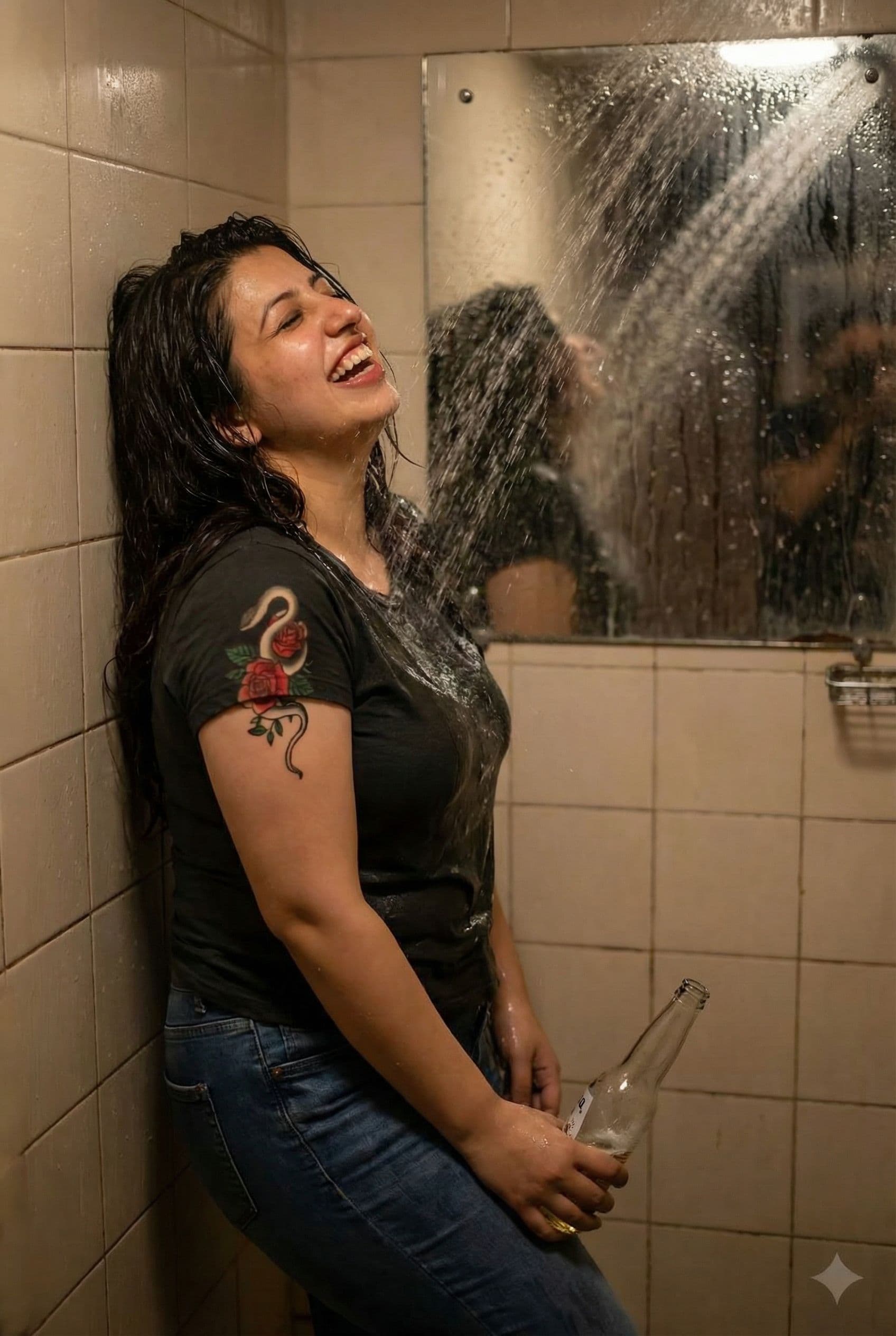 AI generated: She drunk in a pub restroom showering 
