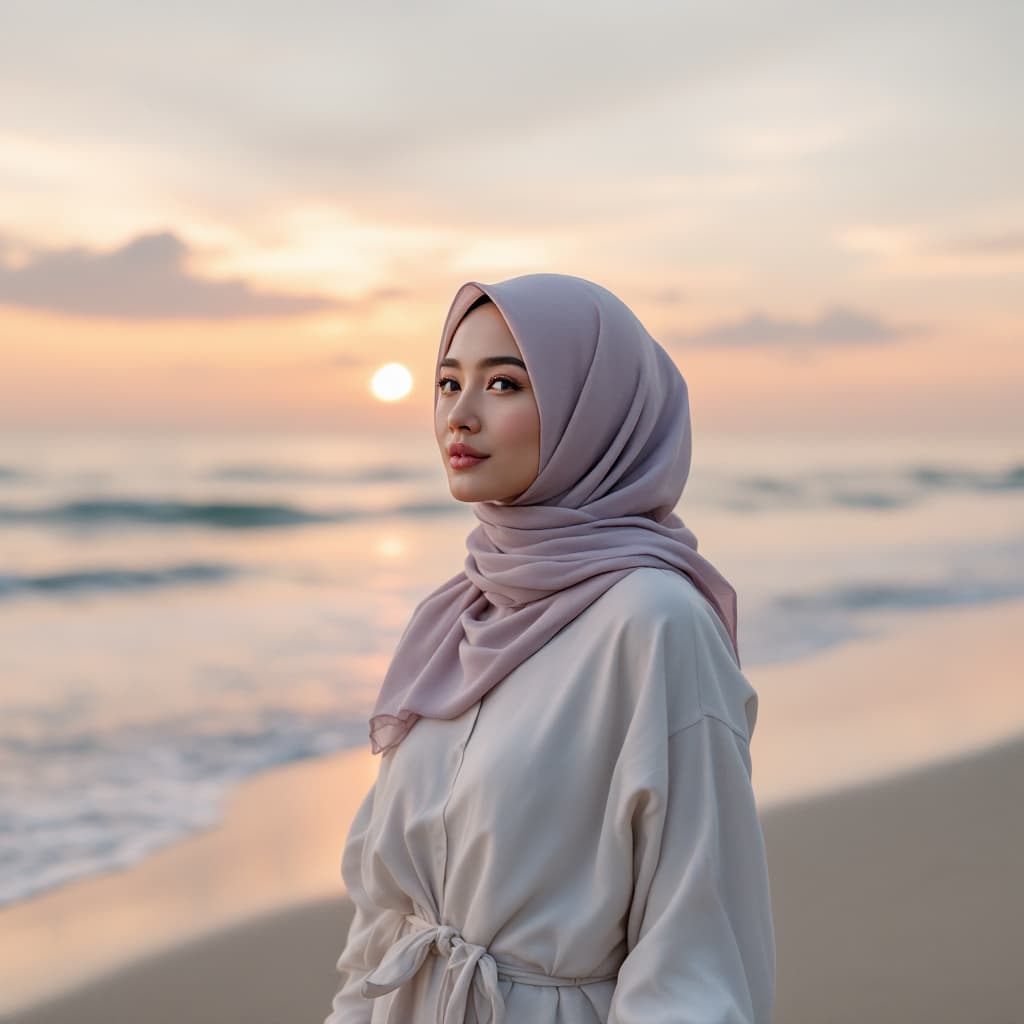 AI generated: one asian hijab women wearing a minimal clothes standing at the beach with sunset