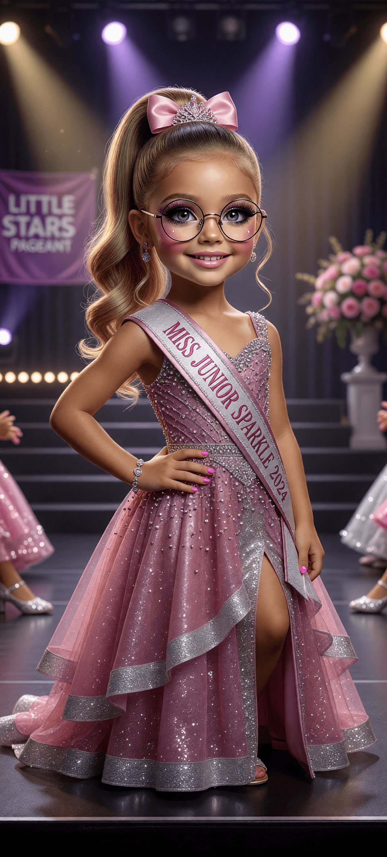 AI generated: A professional photograph of the most beautiful second-grade girl in the world, participating in a b...