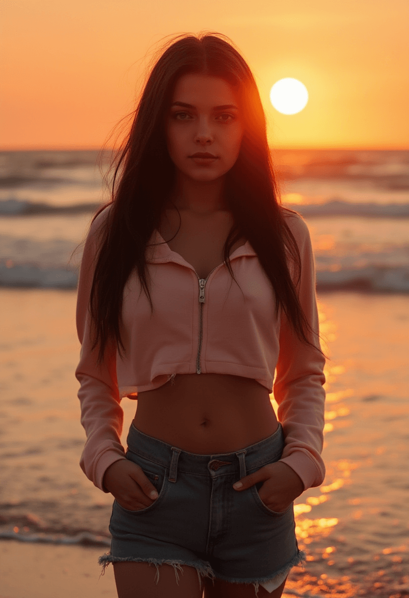 AI generated: A photorealistic cinematic portrait of a young woman with long, dark hair, wearing a cropped, sleeve...