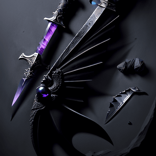 AI generated: top down view; a short sword on a pedistal with an obsidian blade. The short sword has small quillio...