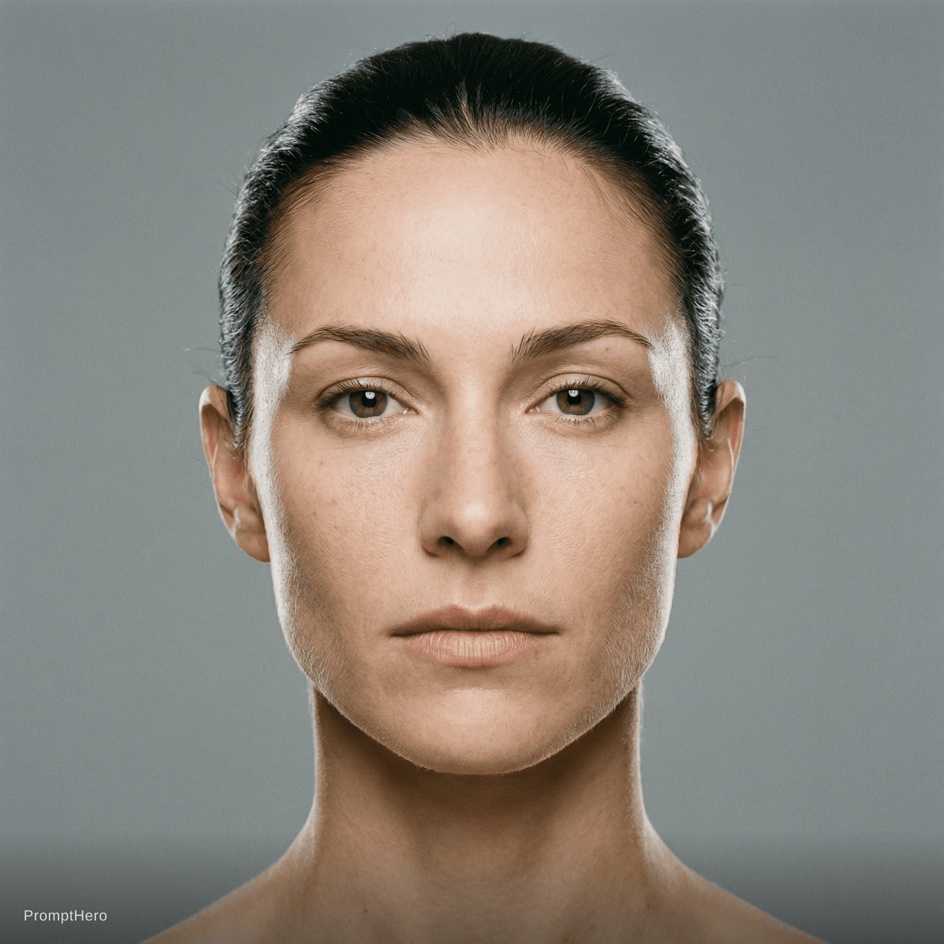 AI generated: hyper-realistic identity anchor portrait of a female action-movie lead (late 20s–early 30s), athleti...
