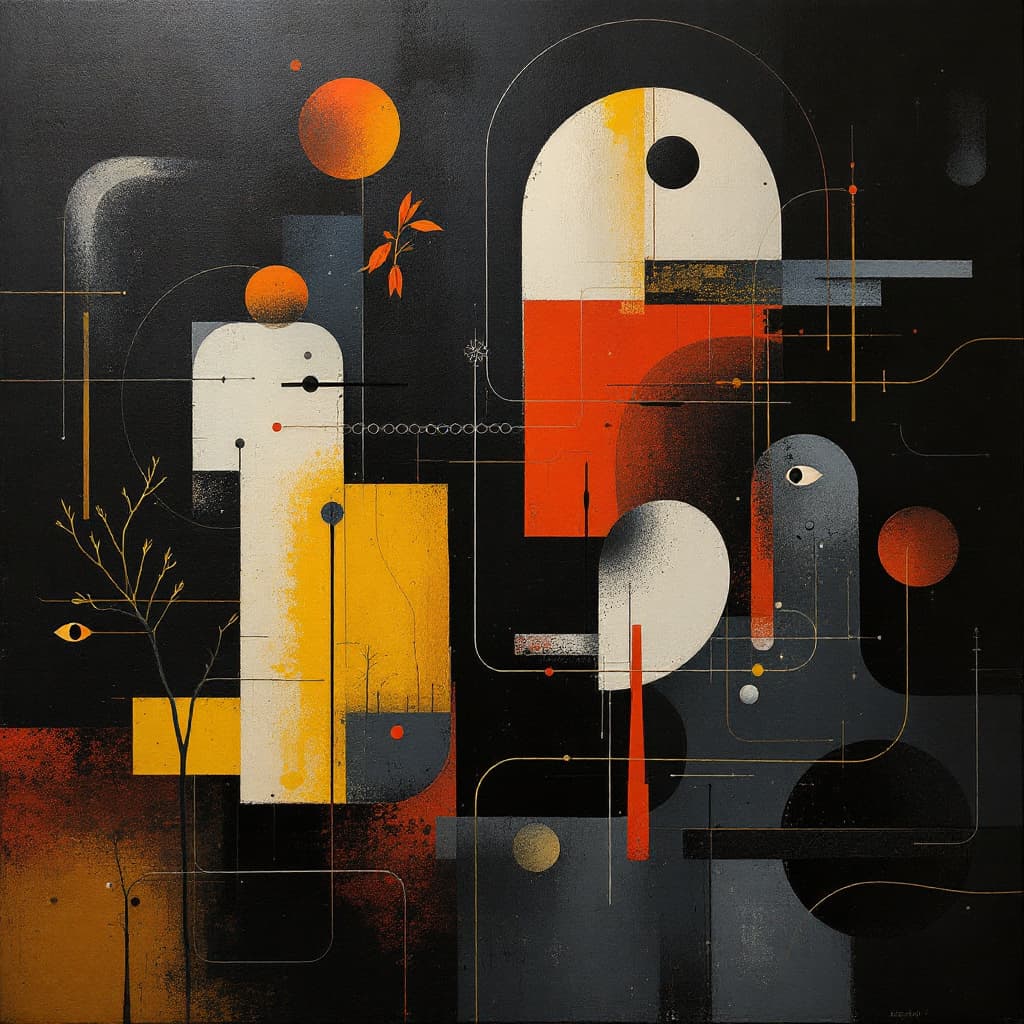 AI generated:  "Un lienzo oscuro con formas abstractas y texturas variadas. En el fondo, sombras profundas y luces...