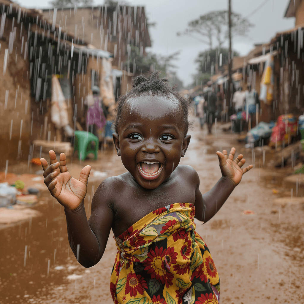 AI generated: A happy child in a small town in Ghana, playing in the rain 