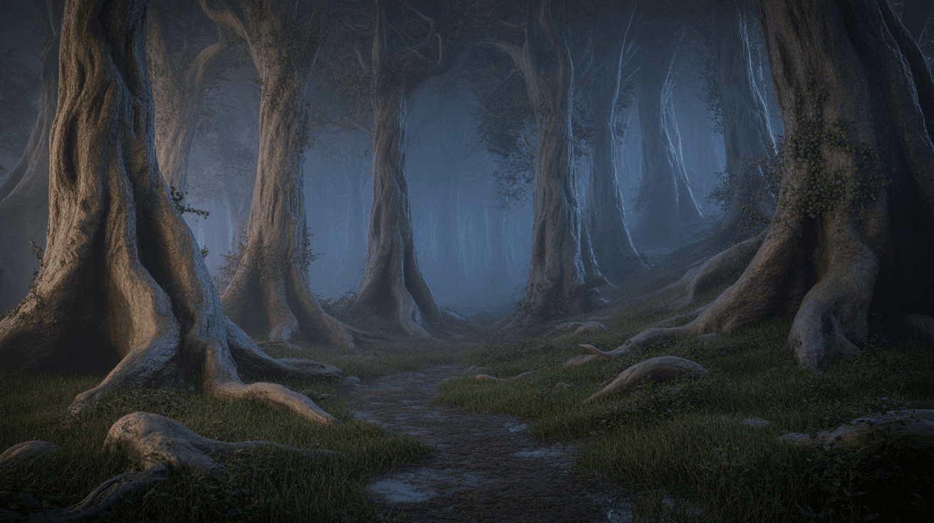 AI generated: Dark enchanted forest, tall ancient trees, on their bark, fog swirling between twisted roots, a forg...