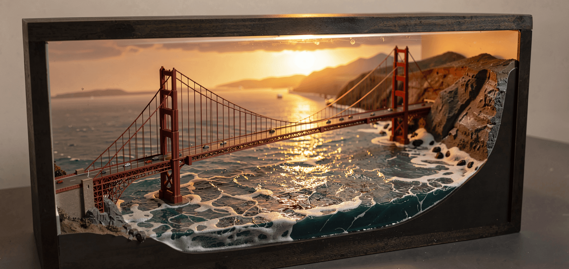 AI generated: A highly detailed miniature version of the iconic Golden Gate Bridge meticulously crafted inside a r...