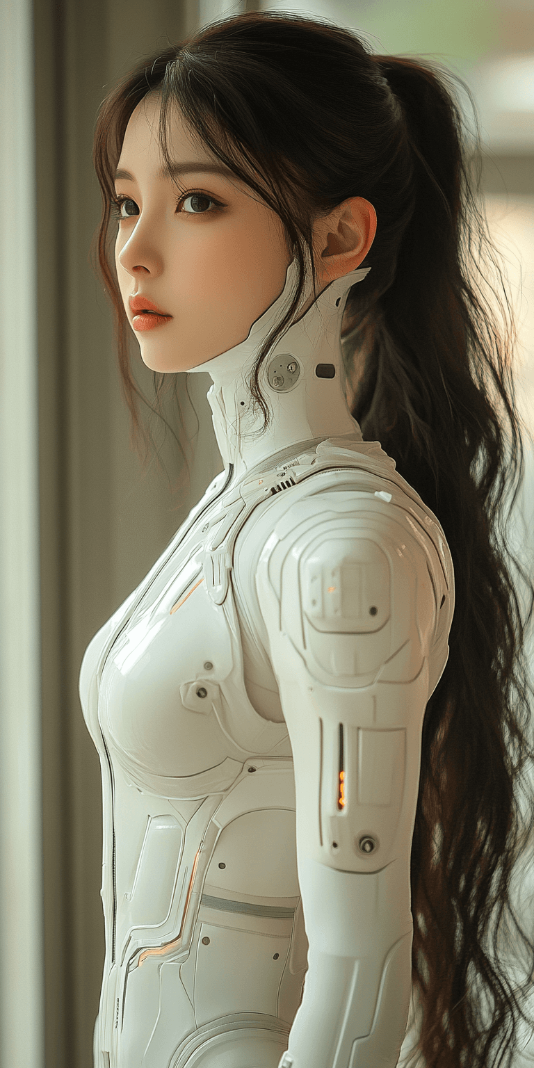 AI generated: Beautiful Asian woman in a white bodysuit, futuristic robotic face, beautiful eyes, full lips, long ...