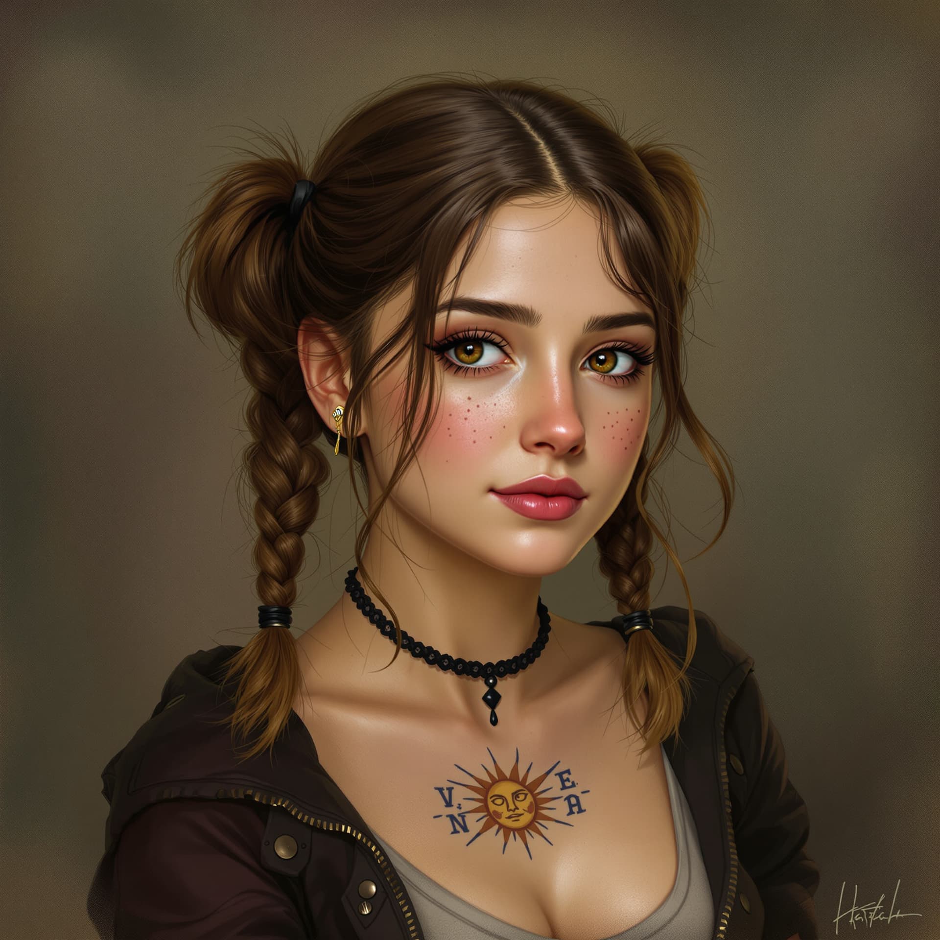 AI generated: semi-realism

- Age: 24
- Gender: Female

- Appearance:
   -- “5'5\”, brown hair, pig-tails, h...