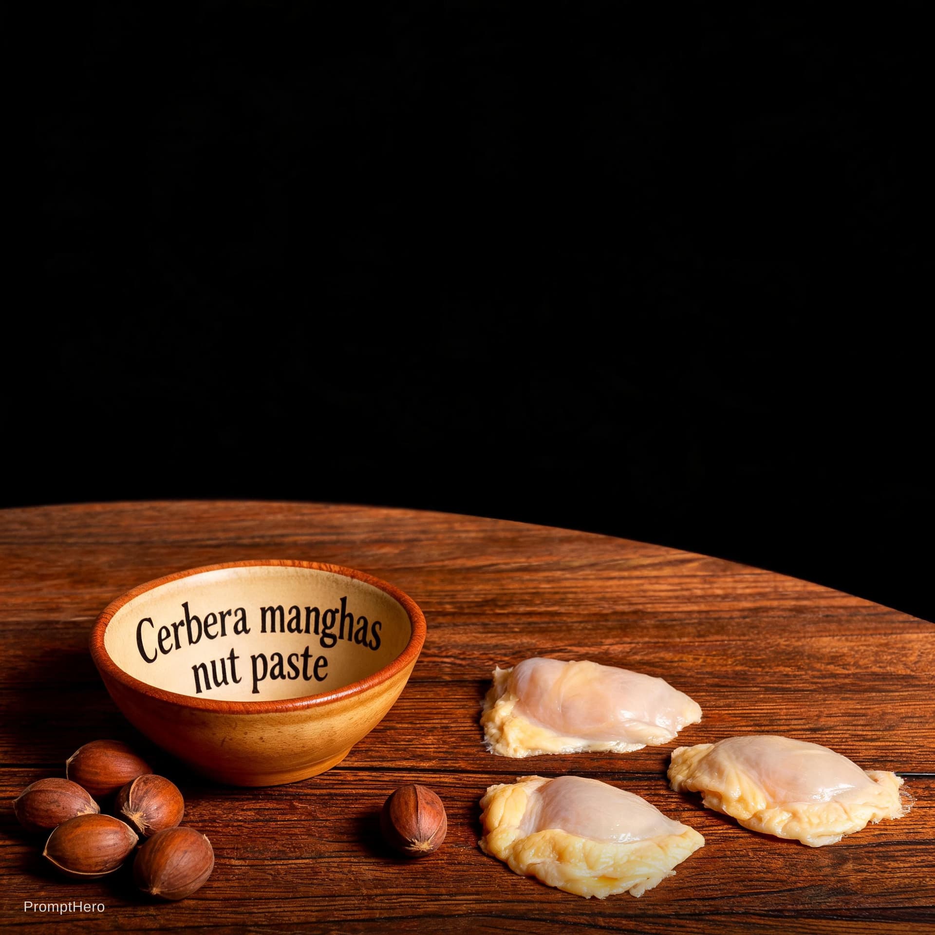 AI generated: make the table wood not white. and put 3 chicken skins instead and poison nut and wooden bowl instea...