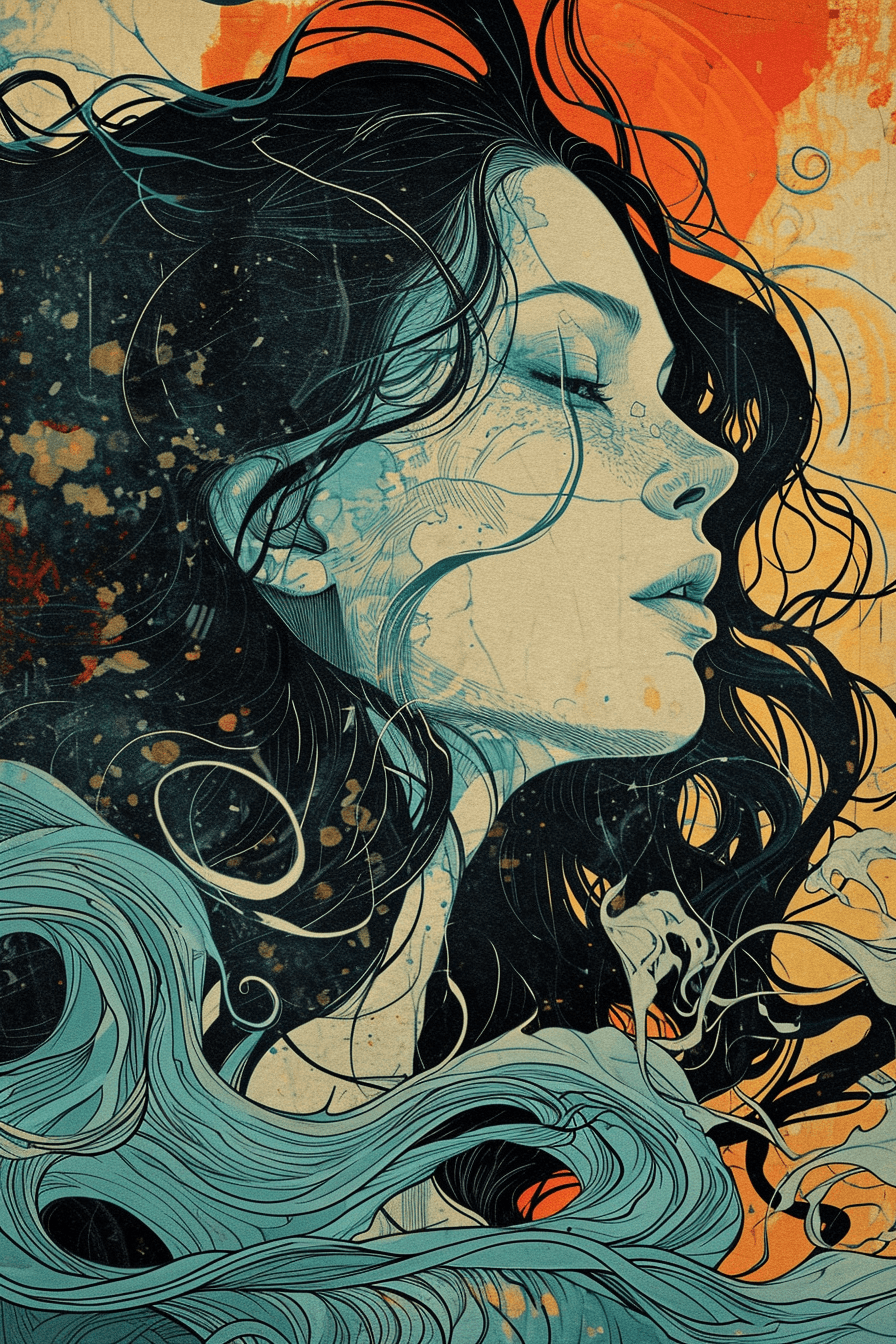 AI generated: illustration of a [white woman] with [half light black and half dark brown hair]. [Her hair is long]...
