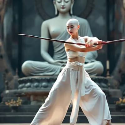 AI generated video: the bald  woman swings her stick miming martial arts moves barefoot.
