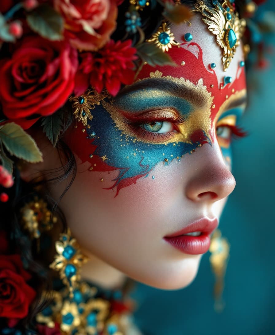 AI generated: beautiful red, blue and gold makeup on a woman, in the style of venetian scenes, hyperrealistic scul...
