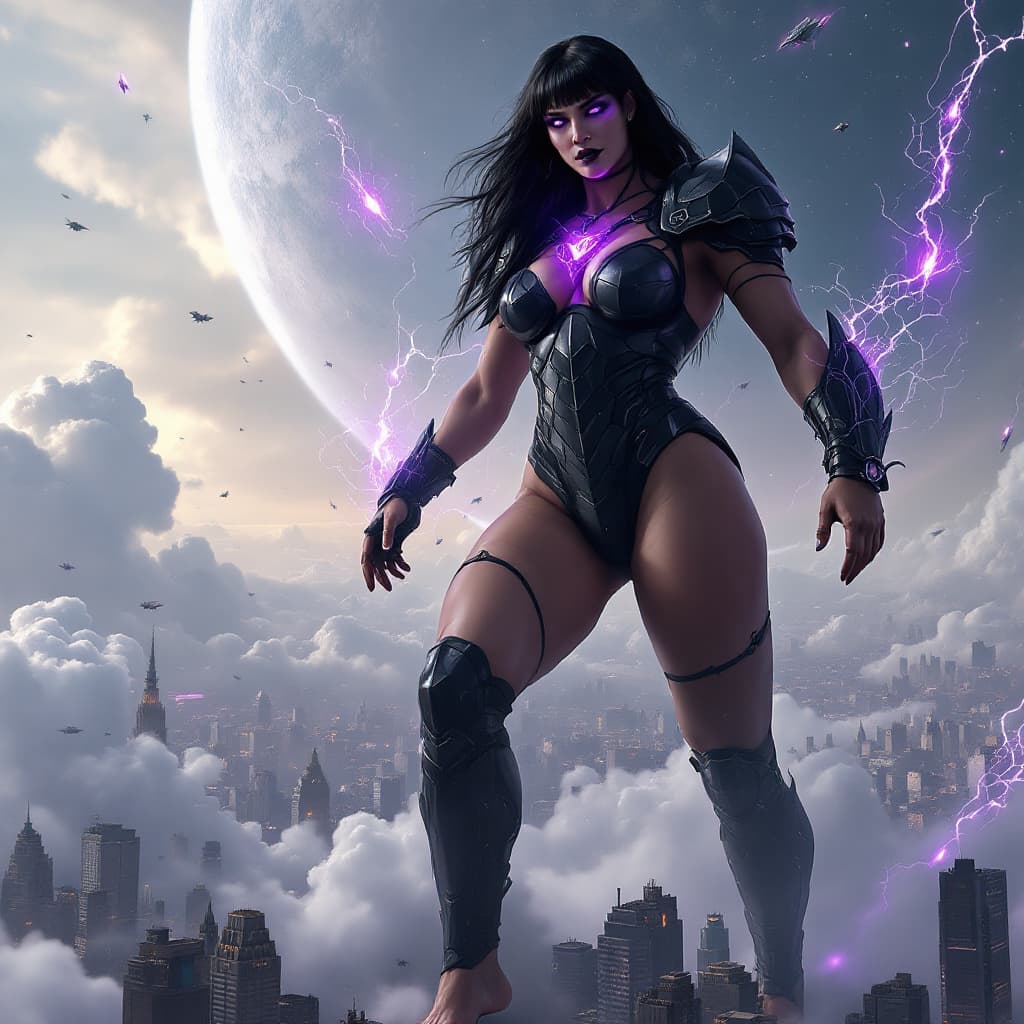 AI generated: truly enormous giantess female Rhea Ripley from WWE with black medium length hair and straight bangs...