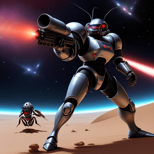AI generated: alien ant army group with silver armor invasion the planet, gunfire with red ant group, space starli...