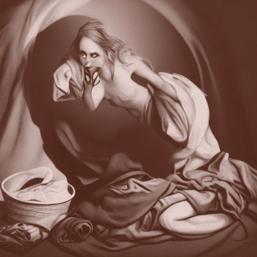 AI generated: Lilith demon of hell folding laundry, night time, Hyper realistic